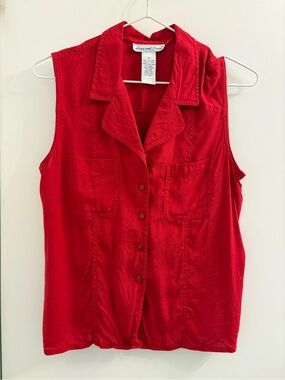 Red Sleeveless Silk Button-Front Camisole